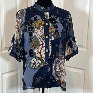 Sheer Citron Santa Monica Chic Floral Asian Inspired Patchwork Button-Up Blouse